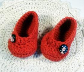 Red crochet baby booties - ballet flat style - with black polka dot buttons, infant shoes