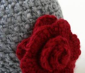 Gray Ruffle cloche with Deep Red Rose, Newborn Hat