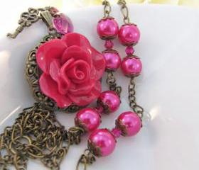 Red Raspberry Rose vintage style necklace, fuchsia, romantic jewelry