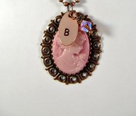 Hand stamped pink cameo initial necklace, personalized, romantic jewelry, Mother's Day