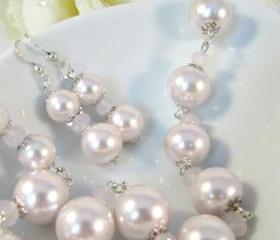 Romantic pink pearl necklace and matching pink earrings, romantic jewelry