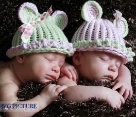 Twin Hat set, Cotton Teddy Bear hats, newborn