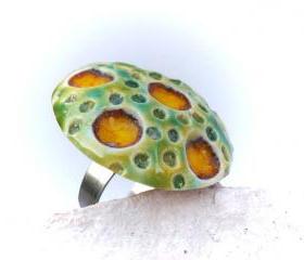 Green and yellow ring, ceramic jewelry, Spring Summer fashion