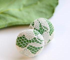 Green and White Lace Fabric Button Studs