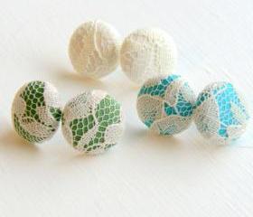 White Lace Fabric Stud Earrings - Set of Three