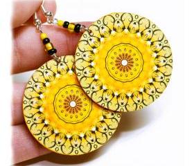 Sunny rosette Earrings Mandala Round - Summer Yellow - decoupage earrings - double faced 