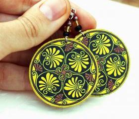 Mustard Yellow brown plant theme leaf Earrings - decoupage earrings - double faced 