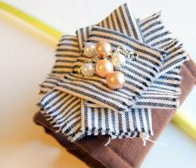 Fabric Flower with Pearls and Chain Cuff Bracelet