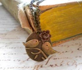 Kissing Couple Pendant - Bird Necklace - Brown Flower Necklace 