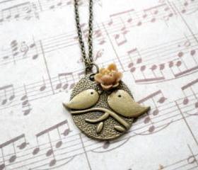 Kissing Couple Pendant - Bird Necklace - Latte Flower Necklace 