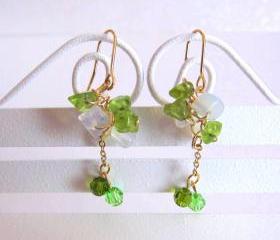 Dancing Green Fairies Earrings - Peridot, MoonStone, 14K Gold