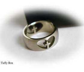 Christian Ring - Silver with cross and heart