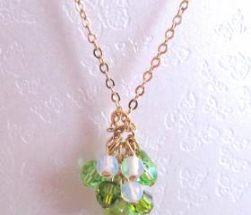 Dancing Green Fairies Necklace-semi precious stones, Peridot, Moonstone, Swarovski Crystal, 14K Gold Plated Chain