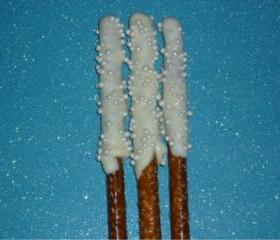 White Chocolate Covered Sugar Pearl and Glitter Pretzel Rods Order 12