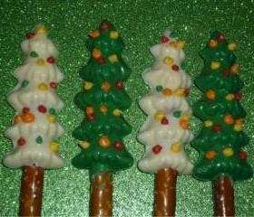 White or Milk Chocolate Christmas Tree Topped Pretzel Rods Order of 6