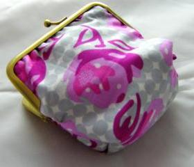 4' Silly Coin Purse - Pink Flowers on Grey Spots