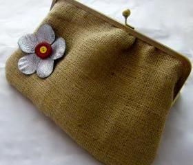 10" Fancy Jute Clutch - Silver Flower with Buttons (Red & Yellow)