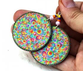 Bubble gum Earrings colorful swirls - decoupage - colorful rainbow colors - double faced 