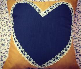 Vintage Mustard and navy blue lace heart cushion