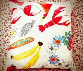 Watercolour print colourful cotton cushion.