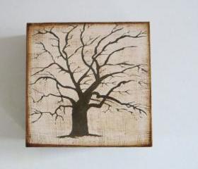 The Old Oak Tree 5x5 art block on wood Branch Brown Beige Shabby Chic Nature Hollow Forest Mysterious Red tile studio