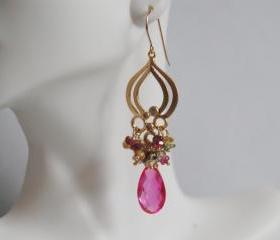 Hot pink Quartz And Multi Tourmaline Chandelier Earrings