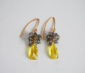 AAA Madeira Quartz Pyramid briolette and mystic teal blue quartz dangle earrings