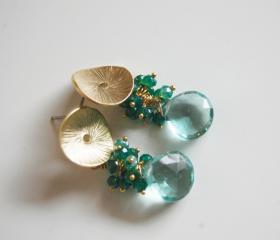 Sage Green Quartz and Mystic teal blue quartz dangle earrings