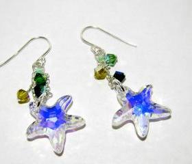 Dangling Swarovski Starfish (Crystal AB) w/4mm Yellow and Green Swarovski Crystals - Sterling SIlver