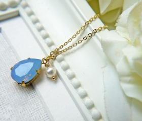 Swarovski Crystal Air Blue Opal Teardrop Pendant Necklace In Gold