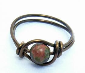 Unakite Gemstone Ring in Antique Brass