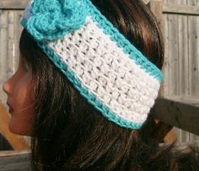 Headband, Turquoise, White, Flower, Crochet, Sale