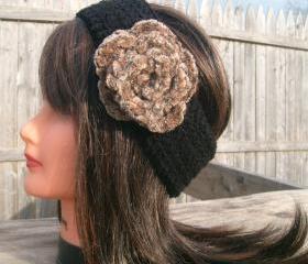 Flower Headband, Black, Hippie, Crochet