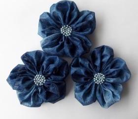 Indigo Blue Flowers Handmade Appliques Embellishments(3 pcs)