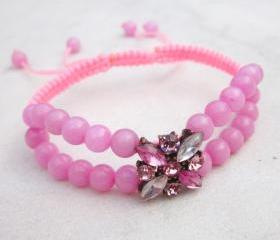 Pink Jade and Crystals Macrame friendship Bracelet