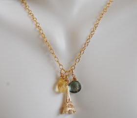 Green Mystic Quartz, Citrine and Eiffel tower Charm Necklace