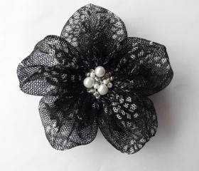 Black Tulle with White Textured Flowers Handmade Appliques Embellishments(3 pcs)