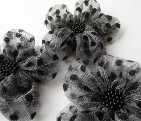 Grey Tulle with Black Dots Flowers Handmade Appliques Embellishments(3 pcs)