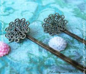 6 Filigree Bobby Pins Hair ornaments Antique Bronze, Round, 16x54mm, Hole: 1mm