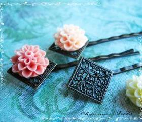 6 Filigree Bobby Pins Hair ornaments Antique Bronze, Diamond, 66x26.5x4.5mm