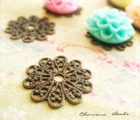 6 Brass Vintage Filigree Caps - Connectors Findings Flower, 17mm