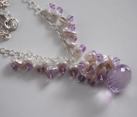 Pink Amethyst onion briolette,keishi pearl and zircon necklace.