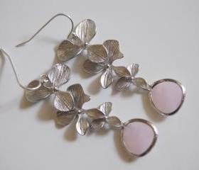 Bezel setting Glass Opal with triple flower connector earrings