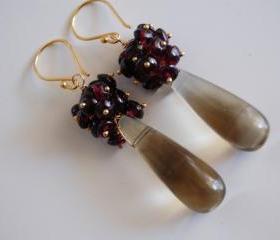 Smooth Smoky quartz long drop and garnet earrings