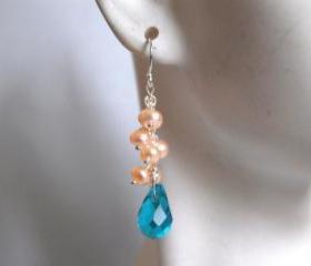 London blue quartz and cream color pearl earrings