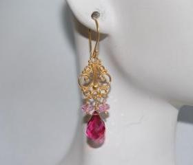 AAA vivid hot pink quartz and pink topaz chandelier