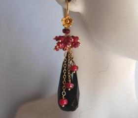 Long drop Black Onyx and Ruby earrings