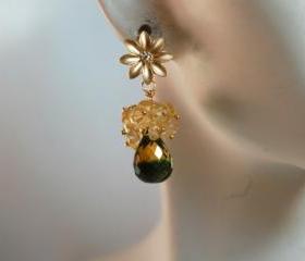 AAA yellow green bi-colour quartz and citrine cluster earrings