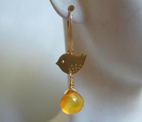 Yellow Chalcedony heart briolette and little bird earrings