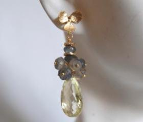 Gorgeous Lemon quartz and blue flashy Labradorite earrings